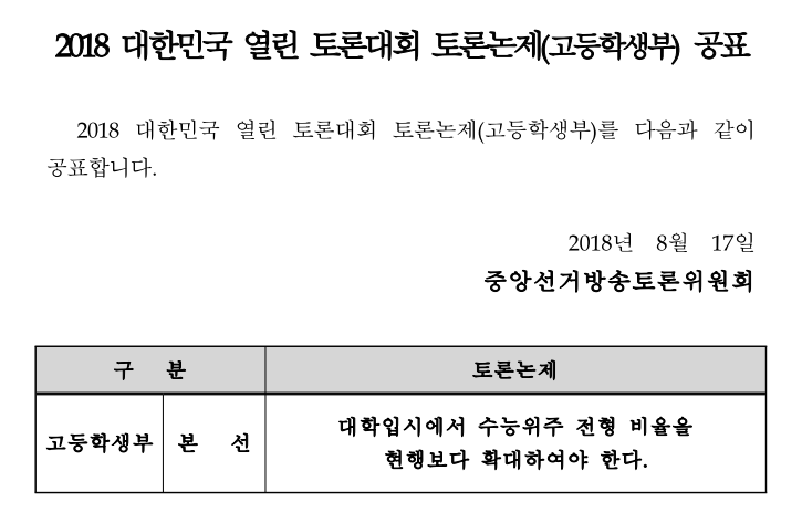 2018 대한민국 열린 토론대회 토론 논제